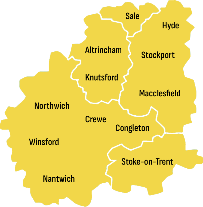 Illustrative map of the locations iSkip cover. Skip hire Cheshire and Stoke-on-Trent, affordable and reliable skip hire