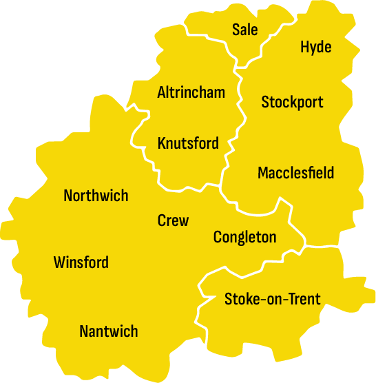 Illustrative map of the Cheshire and Sroke-on-Trent Area, showing the locations where iSkip offer skip hire