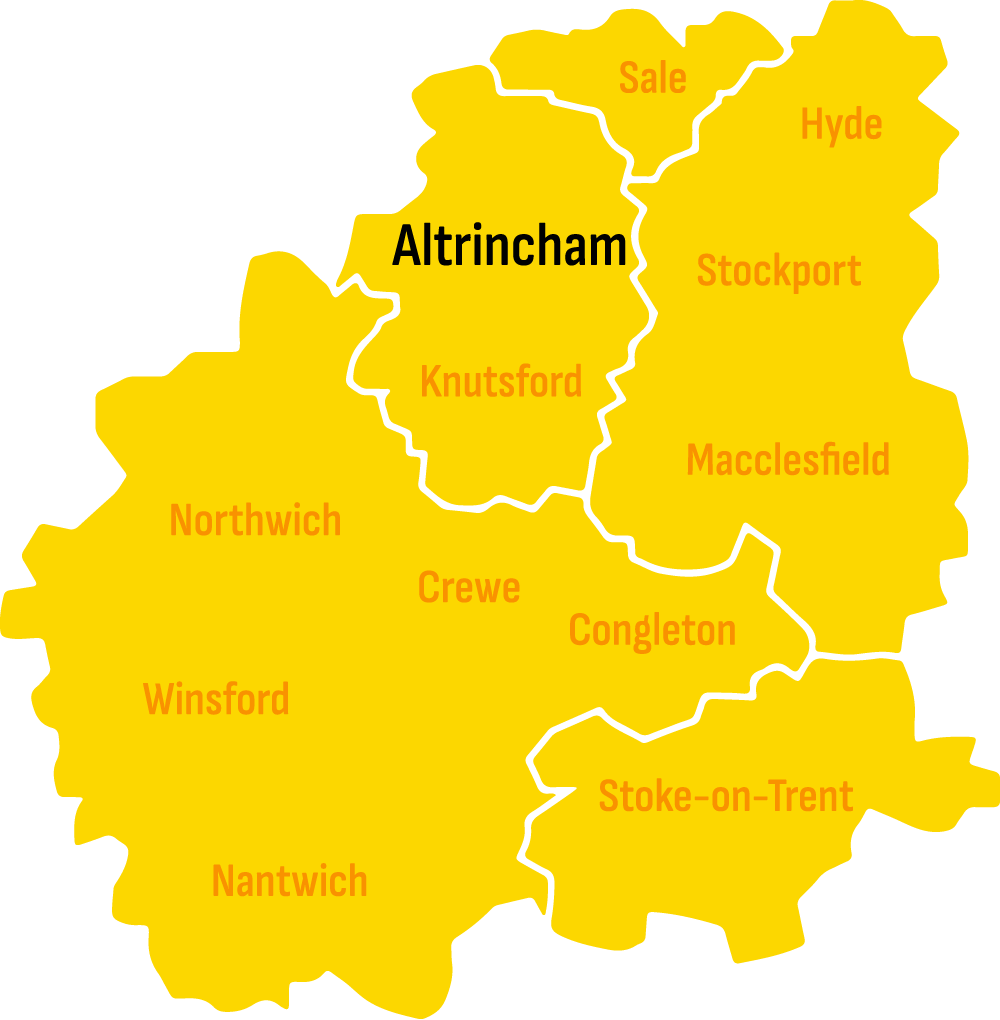 Illustrative map of the Cheshire and Stoke-on-Trent area, skip hire Altrincham