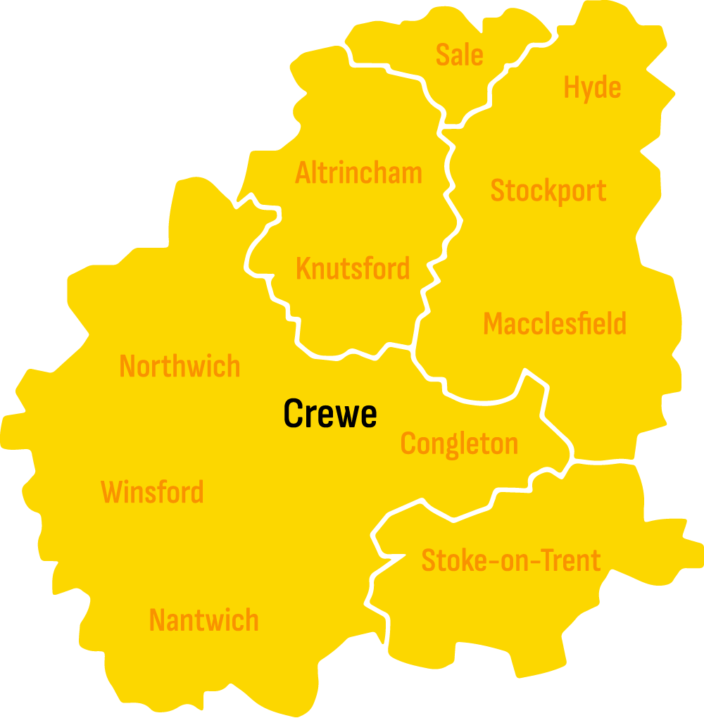 Illustrative map of the Cheshire and Stoke-no-Trent area. Skip hire Crewe
