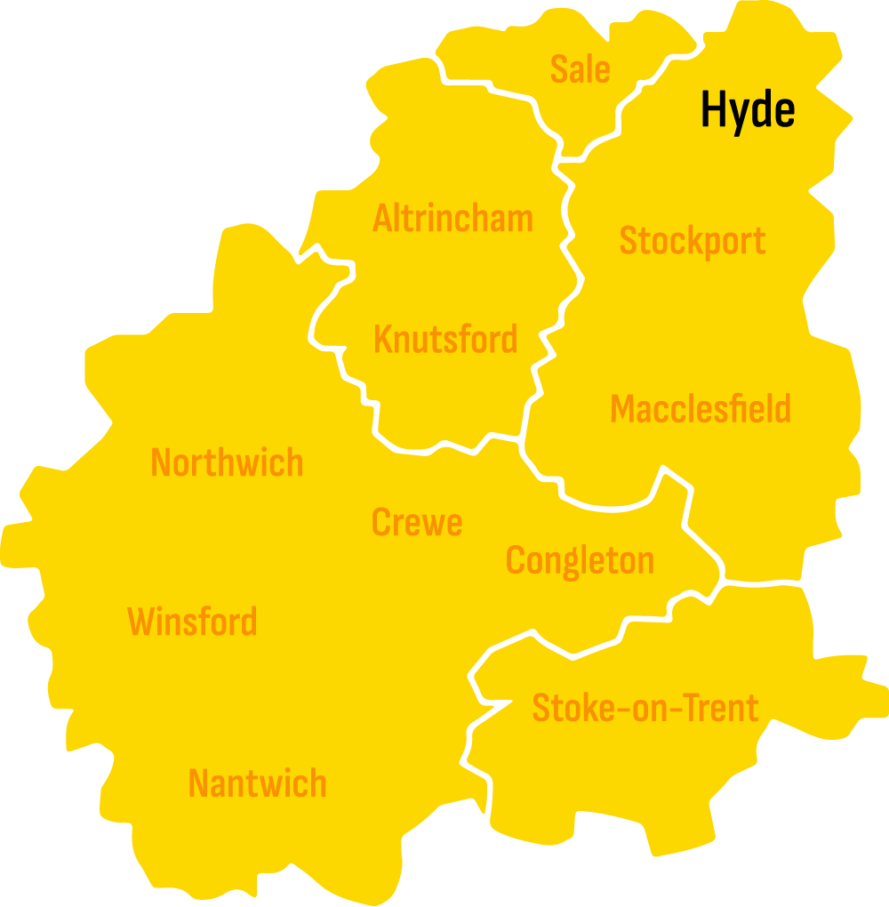 Illustrative map of the Cheshire and Stoke-no-Trent area. Skip hire Hyde