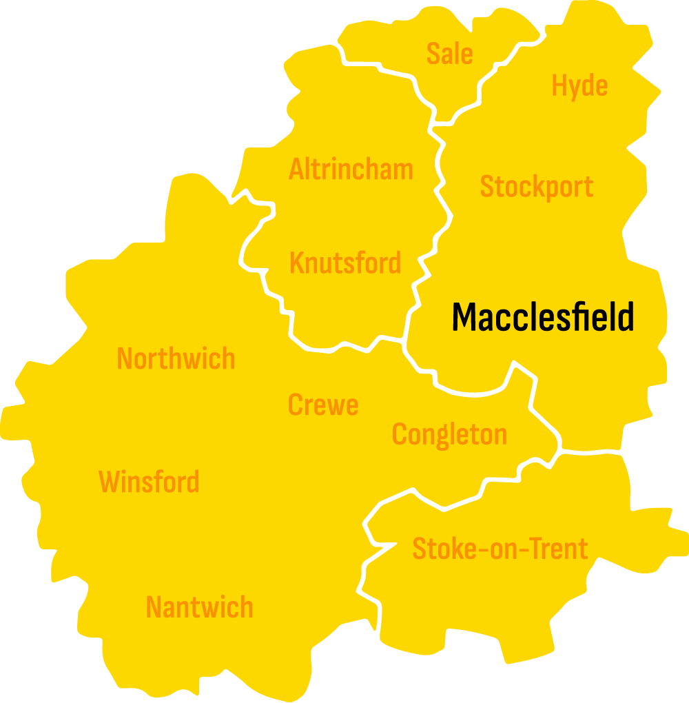 Illustrative map of the Cheshire and Stoke-on-Trent area. Skip hire Macclesfield