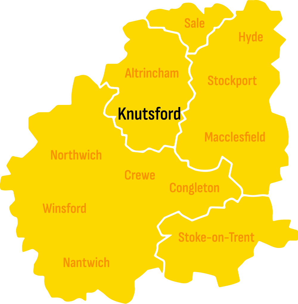 Illustrative map of the Cheshire and Stoke-on-Trent area. Skip hire Knutsford