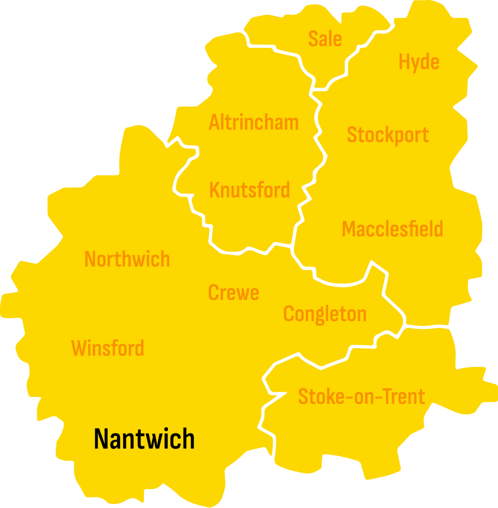 Illustrative map of the Cheshire and Stoke-on-Trent area. Skip hire Nantwich