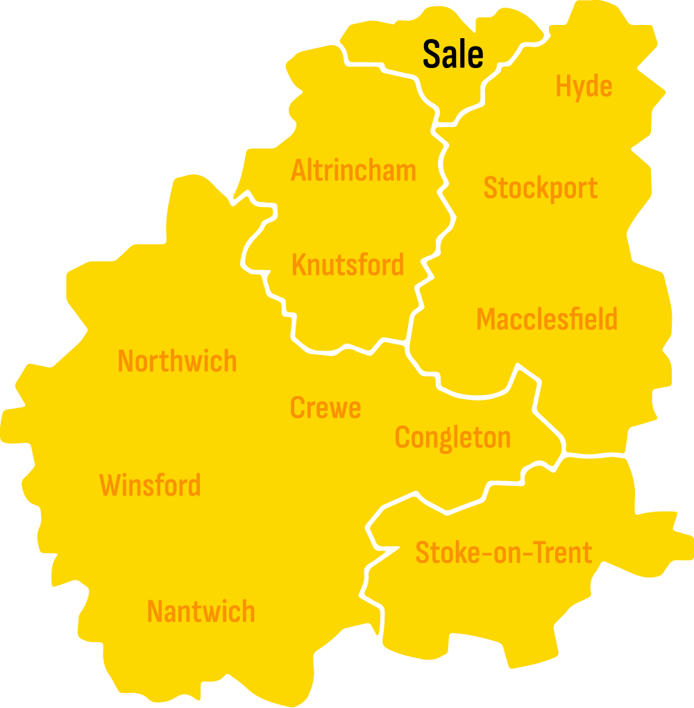 Illustrative map of the Cheshire and Stoke-on-Trent area. Skip hire Sale
