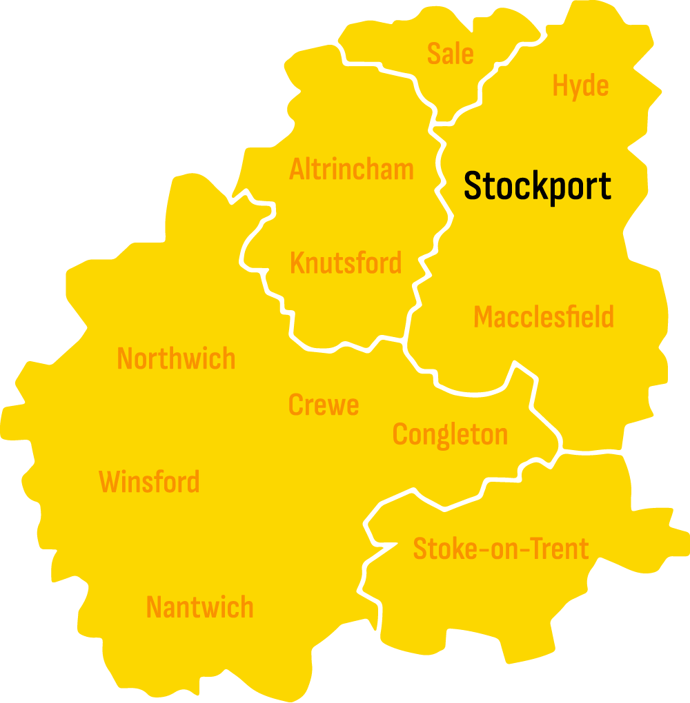 Illustrative map of the Cheshire and Stoke-on-Trent area. Skip hire Stockport