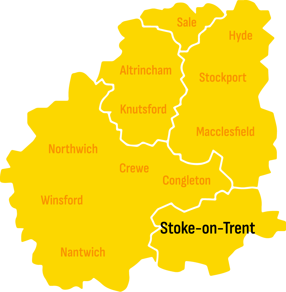 Illustrative map of the Cheshire and Stoke-on-Trent area. Skip hire Stoke-on-Trent