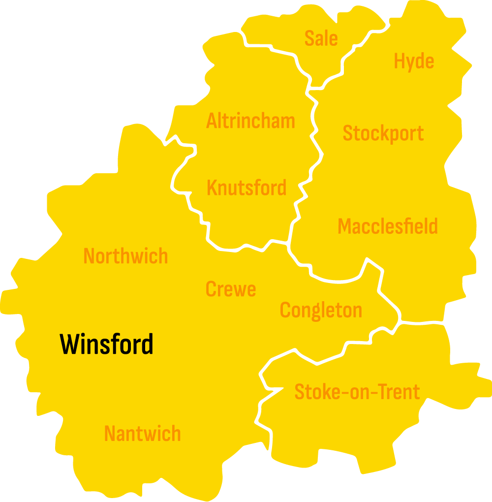 Illustrative map of the Cheshire and Stoke-on-Trent area. Skip hire Winsford